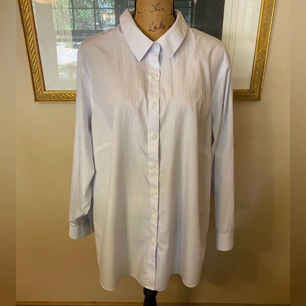 Lands' End No Iron Striped Button Down Shirt 22W Plus Size Long Sleeve Blouse